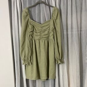 Peach Love California Olive Green Ruched Long-Sleeve Mini Dress